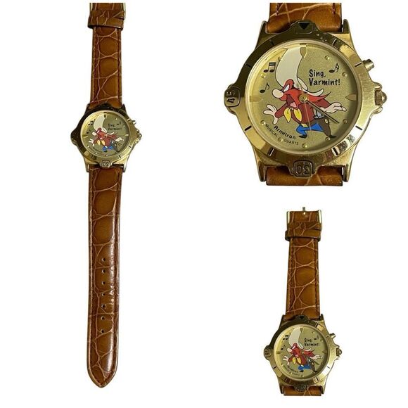 Vintage Yosemite Sam Armitron Musical Quartz Watch Tan Crocodile Print Band - Picture 1 of 13